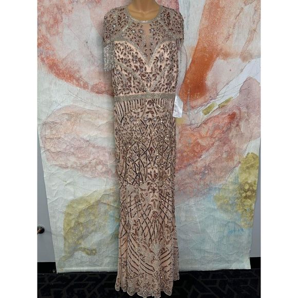 Mac Duggal Embellished Fringe Cap Sleeve Trumpet Gown In Platinum - Picture 4 of 10